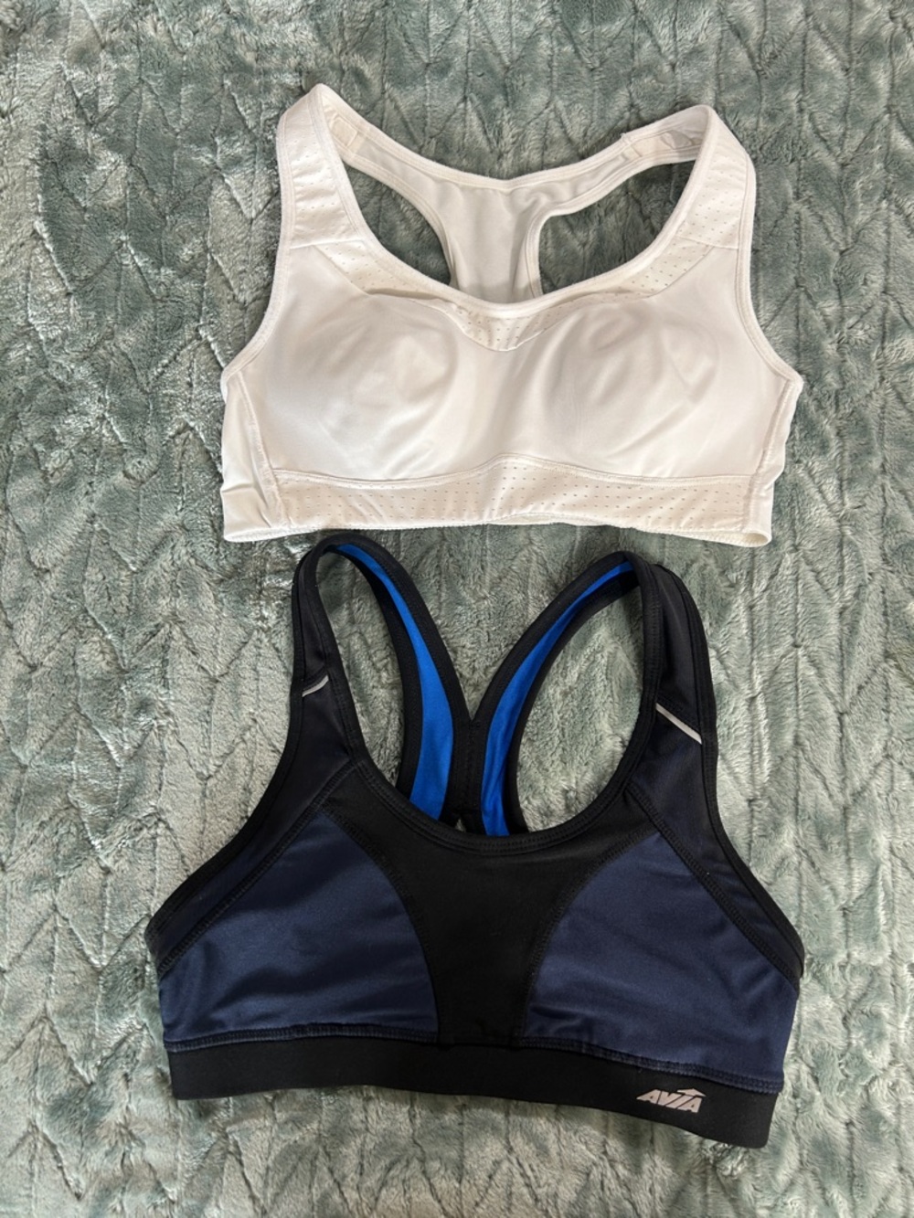 Performance Racerback Sports Bras in Black and Blue and White